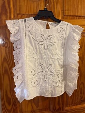 Joie White Eyelet Ruffle Sleeve Blouse